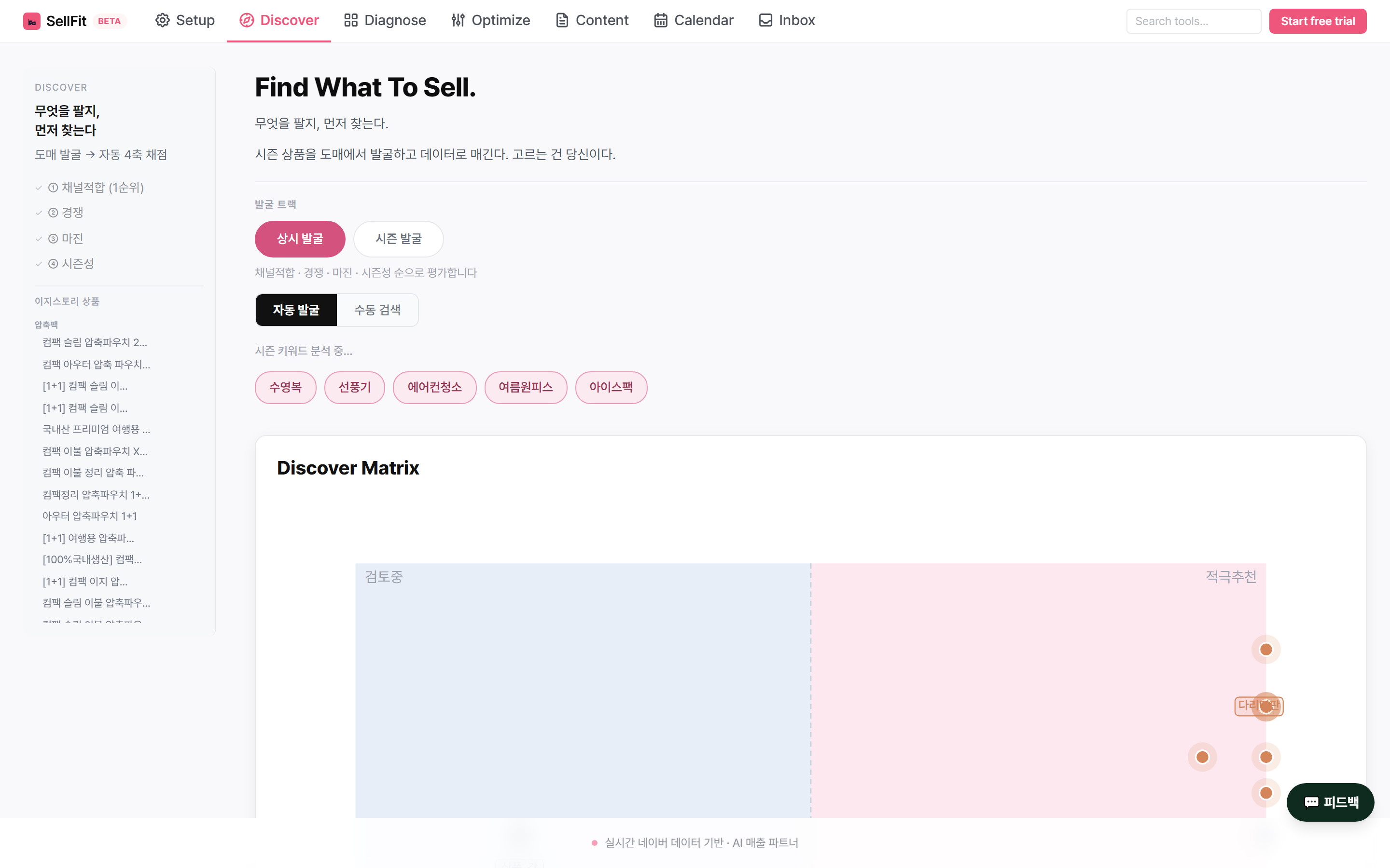 SellFit Discover — 채널적합·경쟁·마진·시즌성 4축 채점